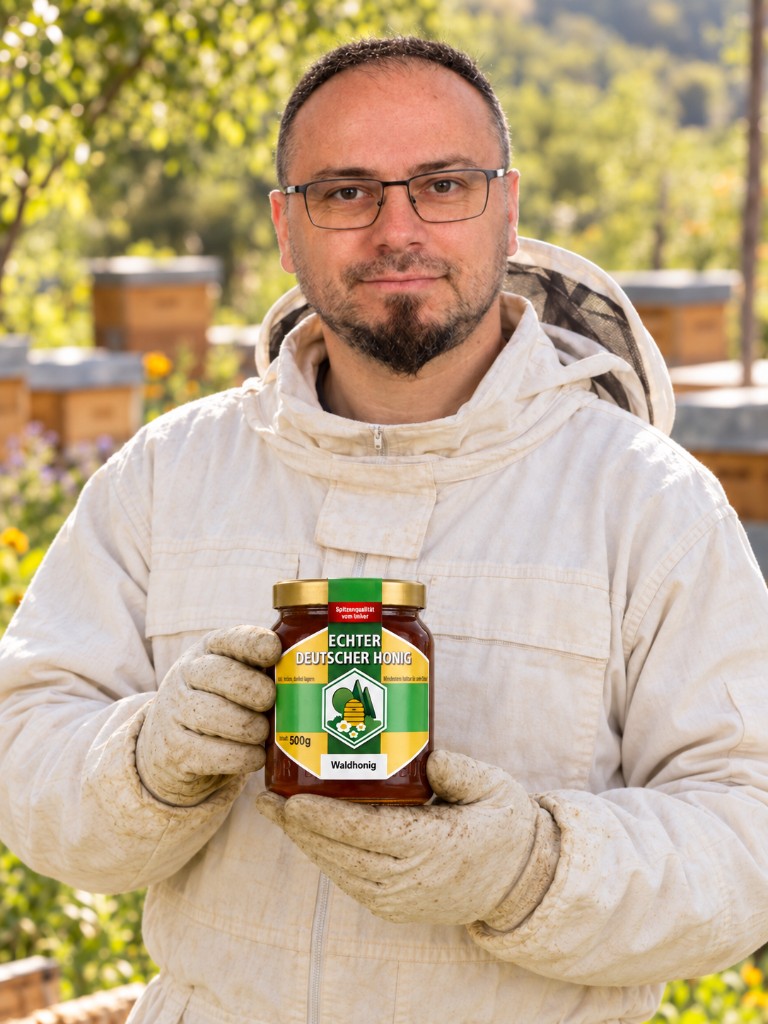 Cevdet Eren mit einem Glas Waldhonig am Bienenstand