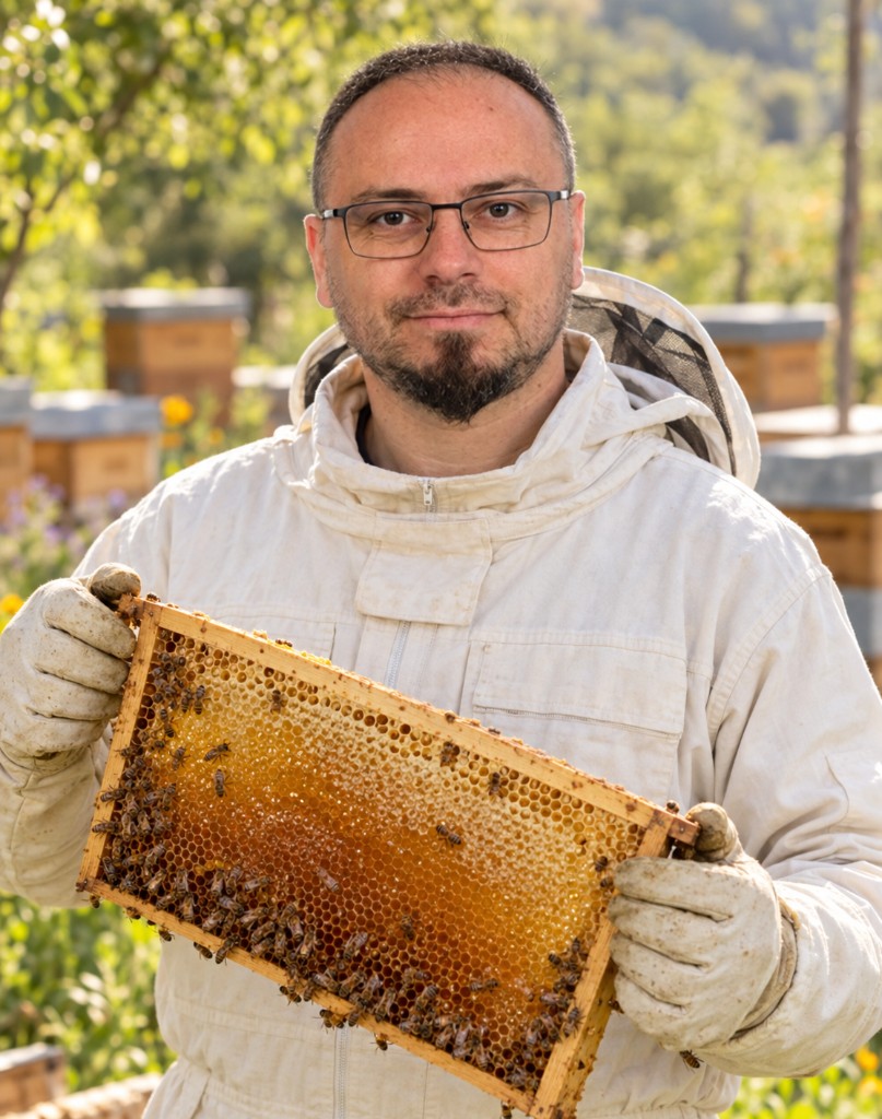 Cevdet Eren mit einer Honigwabe am Bienenstand