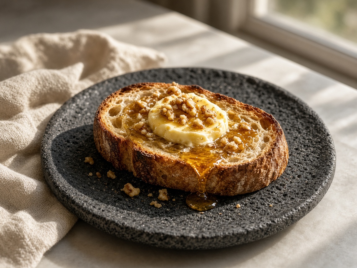 Toast mit Honig im Morgenlicht