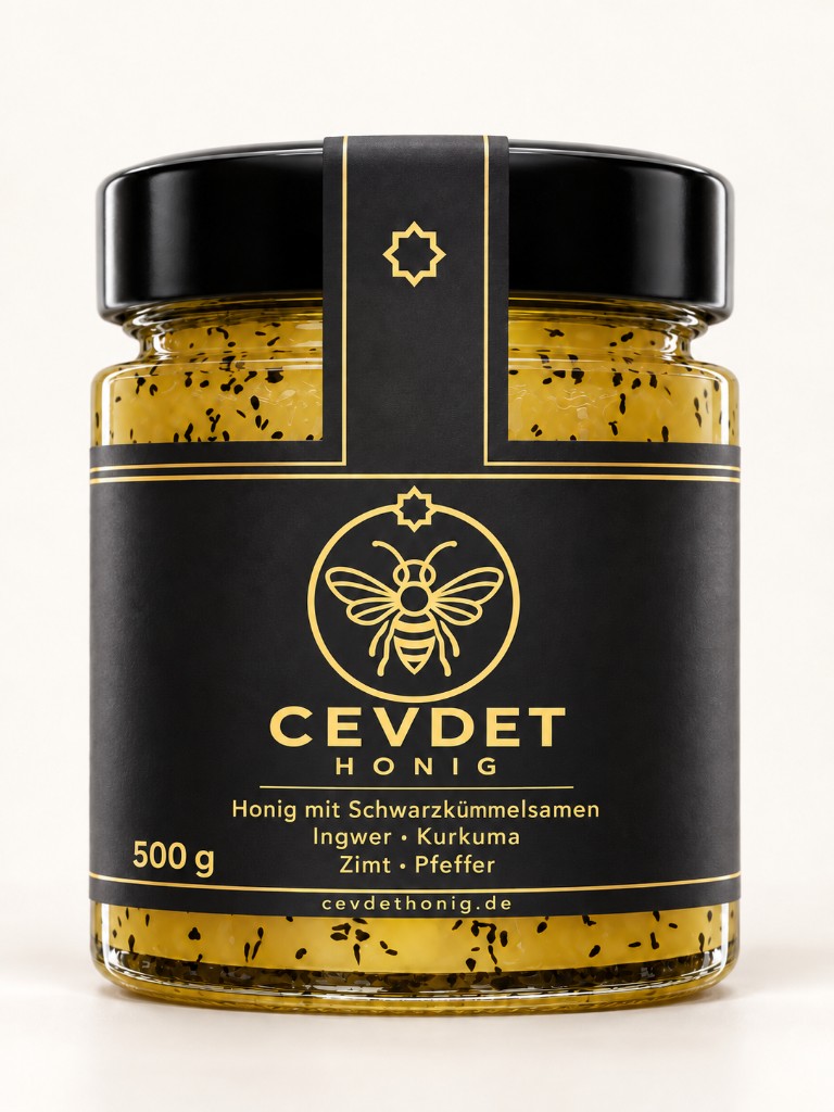 Glas mit Cevdet Honig: Honig mit Schwarzkümmelsamen, Ingwer, Kurkuma, Zimt und Pfeffer, 500 g
